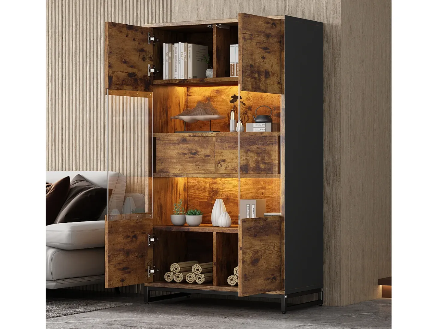 Vitrina con LED, 4 puertas, estantes regulables, color negro y madera (80x40x138 cm)
