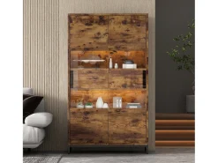 Vitrina con LED, 4 puertas, estantes regulables, color negro y madera (80x40x138 cm)