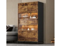 Vitrina con LED, 4 puertas, estantes regulables, color negro y madera (80x40x138 cm)