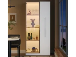 Vitrina con LED 70x40x160 cm - 1 puerta de vidrio y 1 cajón lateral deslizante - Ruedas - MDF + vidrio - Blanco