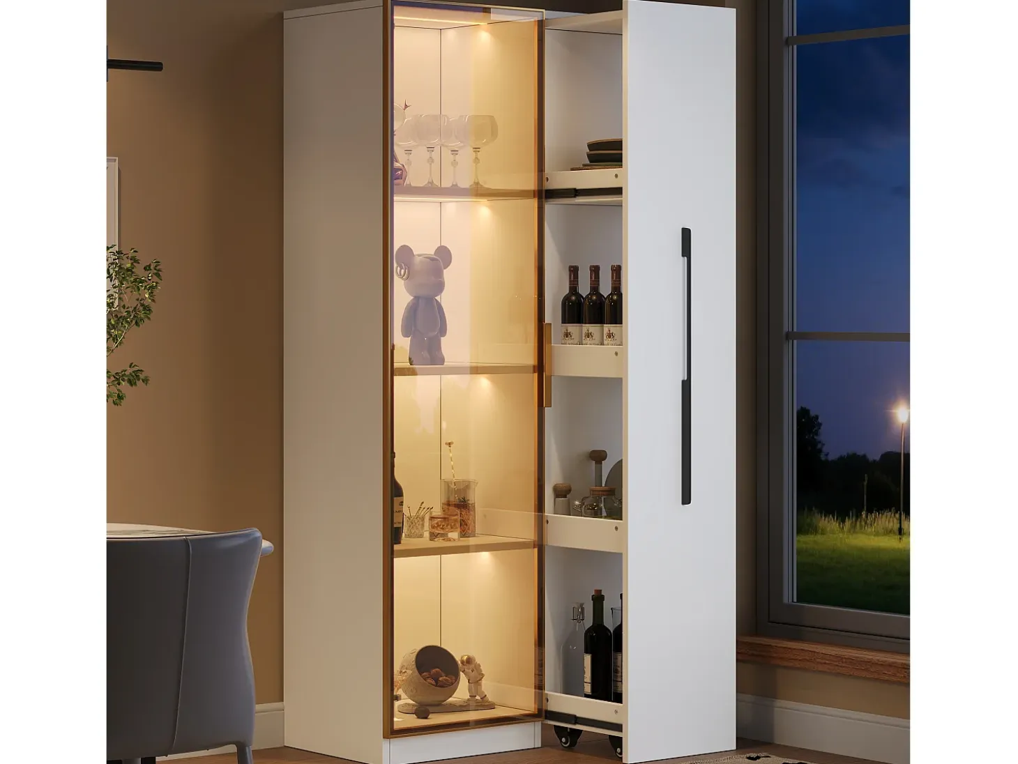 Vitrina con LED 70x40x160 cm - 1 puerta de vidrio y 1 cajón lateral deslizante - Ruedas - MDF + vidrio - Blanco