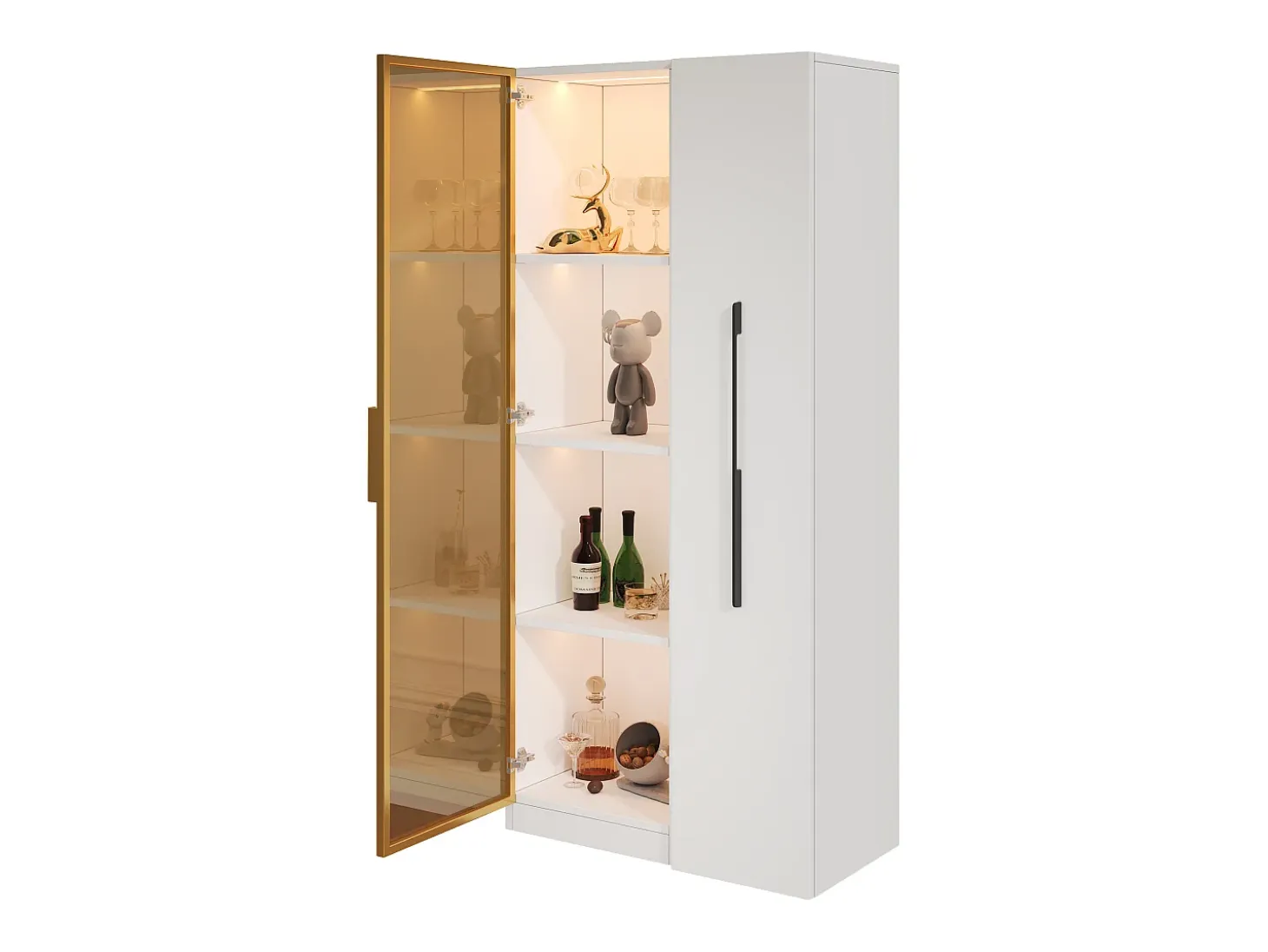 Vitrina con LED 70x40x160 cm - 1 puerta de vidrio y 1 cajón lateral deslizante - Ruedas - MDF + vidrio - Blanco