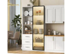 Vitrina con librería - 80 x 40 x 160 cm - con puerta de cristal templado + LEDs + 3 cajones - tablero de partículas - blanco