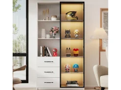 Vitrina con librería - 80 x 40 x 160 cm - con puerta de cristal templado + LEDs + 3 cajones - tablero de partículas - blanco