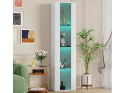 Vitrina con puerta acrílica e iluminación LED - estantes de cristal - Blanco 40 x 29 x 170 cm
