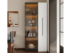 Vitrina con puerta de cristal y LED - 70 x 40 x 160 cm - con estante lateral deslizante - MDF - negro + blanco
