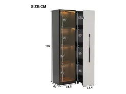 Vitrina con puerta de cristal y LED - 70 x 40 x 160 cm - con estante lateral deslizante - MDF - negro + blanco