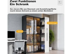Vitrina con puerta de cristal - 110,5 x 35 x 160 cm - con LED y cajón lateral - MDF - negro y blanco