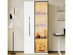 Vitrina con puerta de cristal - 70 x 40 x 160 cm - con LED y cajón lateral - MDF - blanco