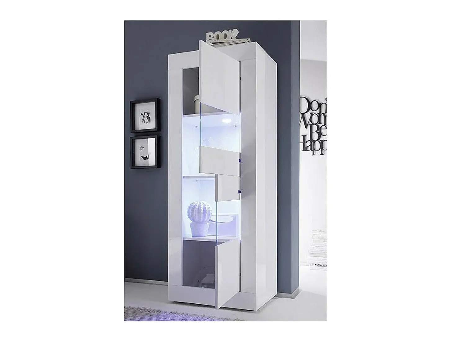 Vitrina con puerta de vidrio, colección ISORA, color blanco lacado brillante