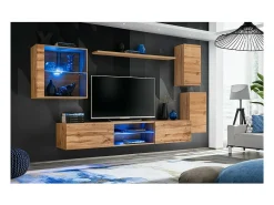 Vitrina cuadrada colgante en color roble claro con 1 puerta de vidrio e iluminación LED incluida. Colección SWITCH.