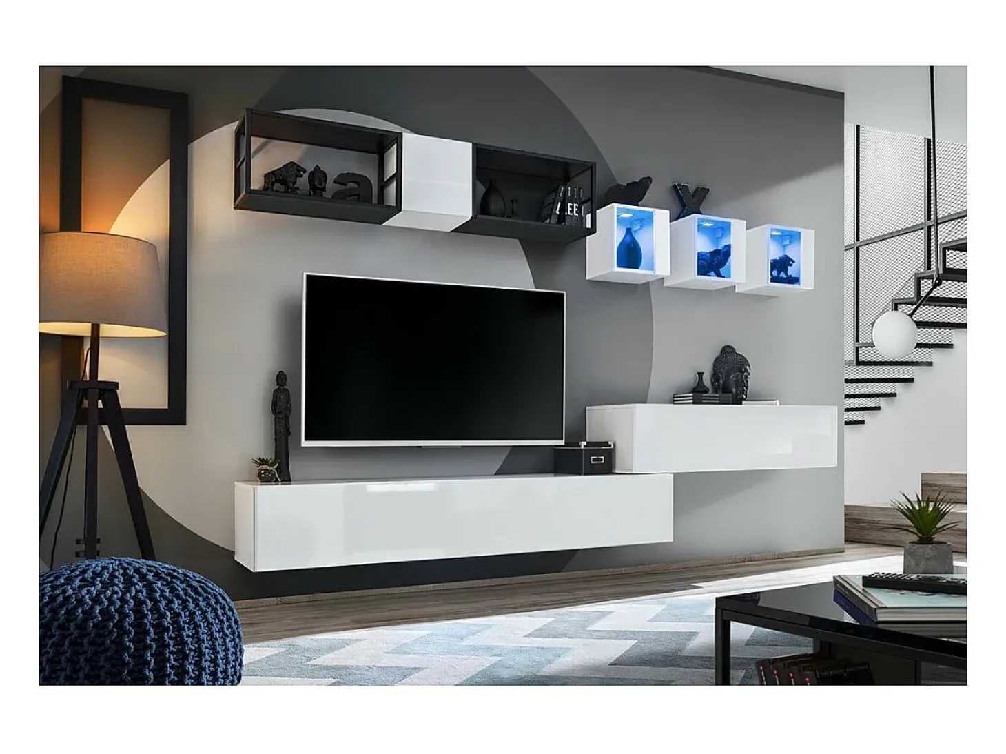 Vitrina cuadrada suspendida – Blanca – Colección SWITCH – Puerta de vidrio y LED incluidos – Diseño moderno