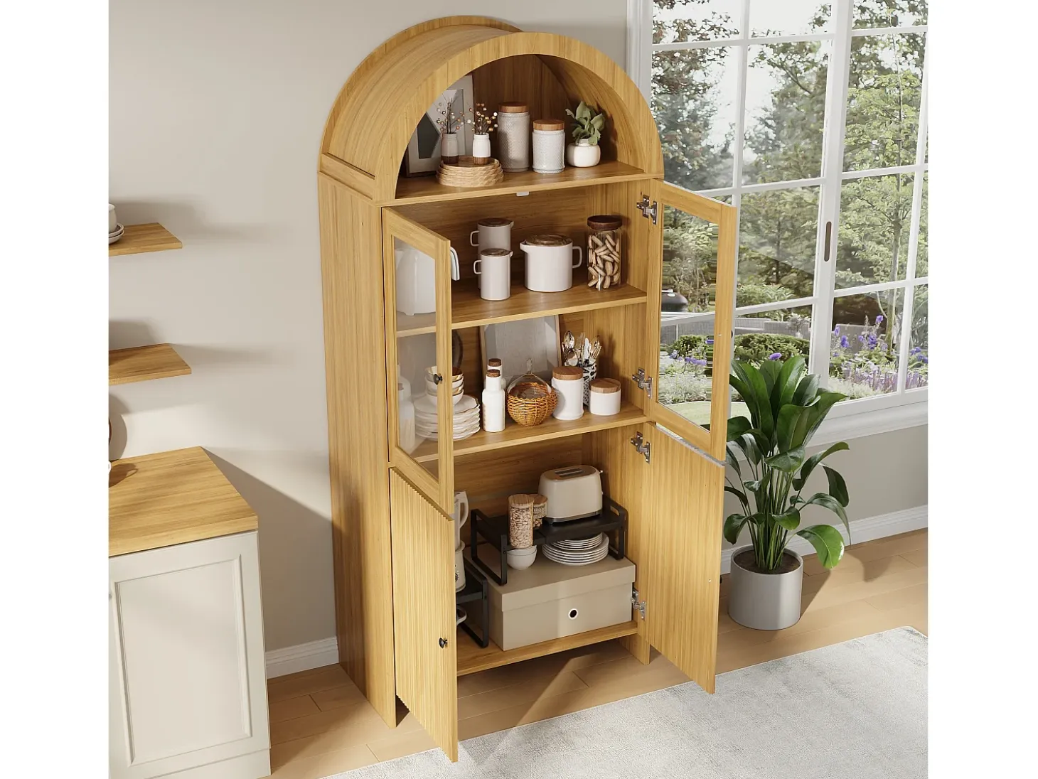 Vitrina curva 78x40x176 cm - 4 puertas - Vitrina de cristal - Paneles de partículas - Natural