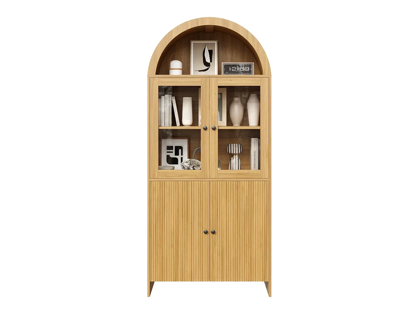 Vitrina curva 78x40x176 cm - 4 puertas - Vitrina de cristal - Paneles de partículas - Natural