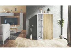 Vitrina Davos, vitrina independiente con 3 estantes de cristal y 8 compartimentos, blanco mate/roble natural (71,5 x 134 x 35 cm)