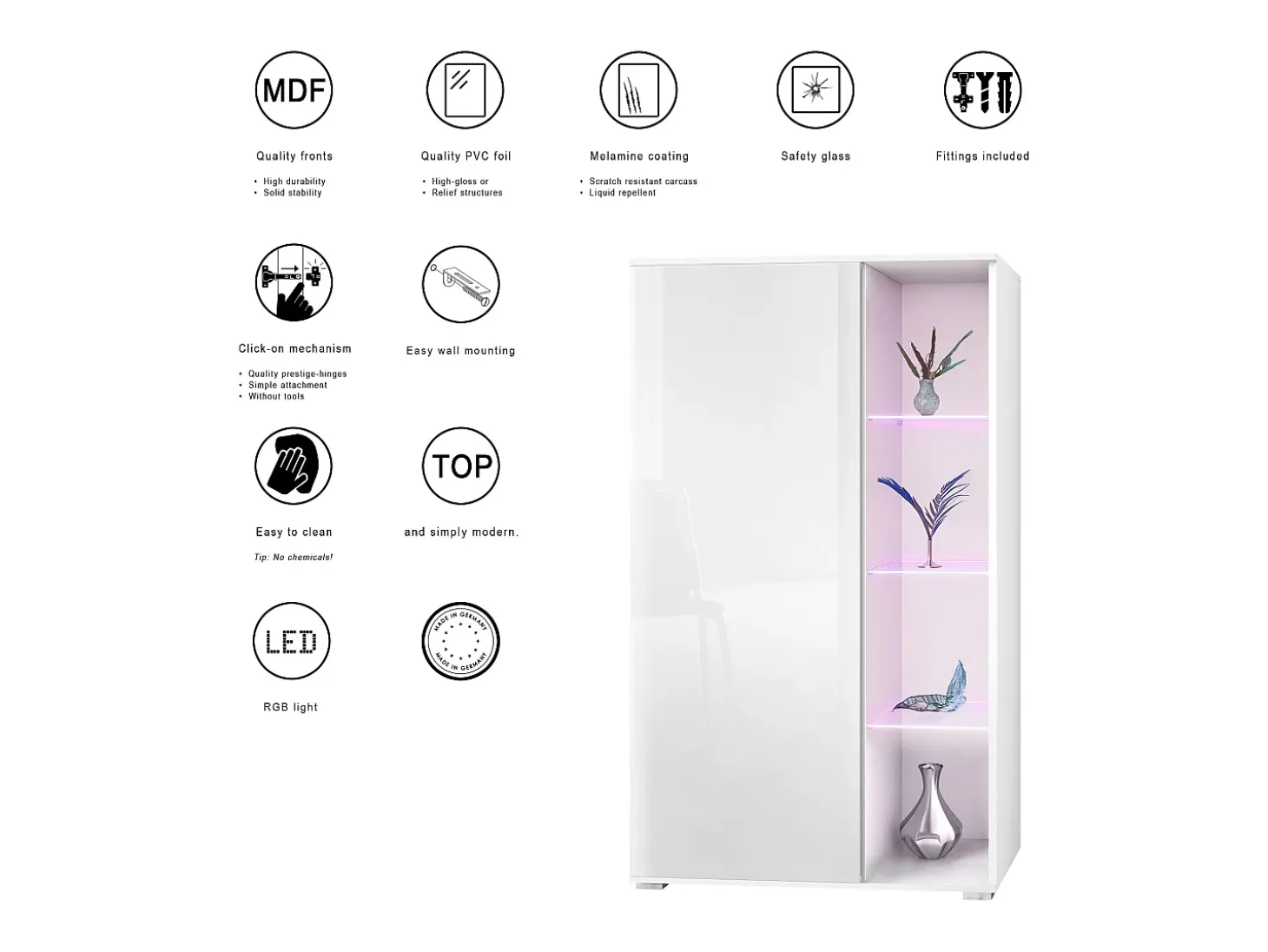 Vitrina Davos, vitrina independiente con 3 estantes de cristal y 8 compartimentos incl. LED, blanco mate/negro de alto brillo (71,5 x 134 x 35 cm)