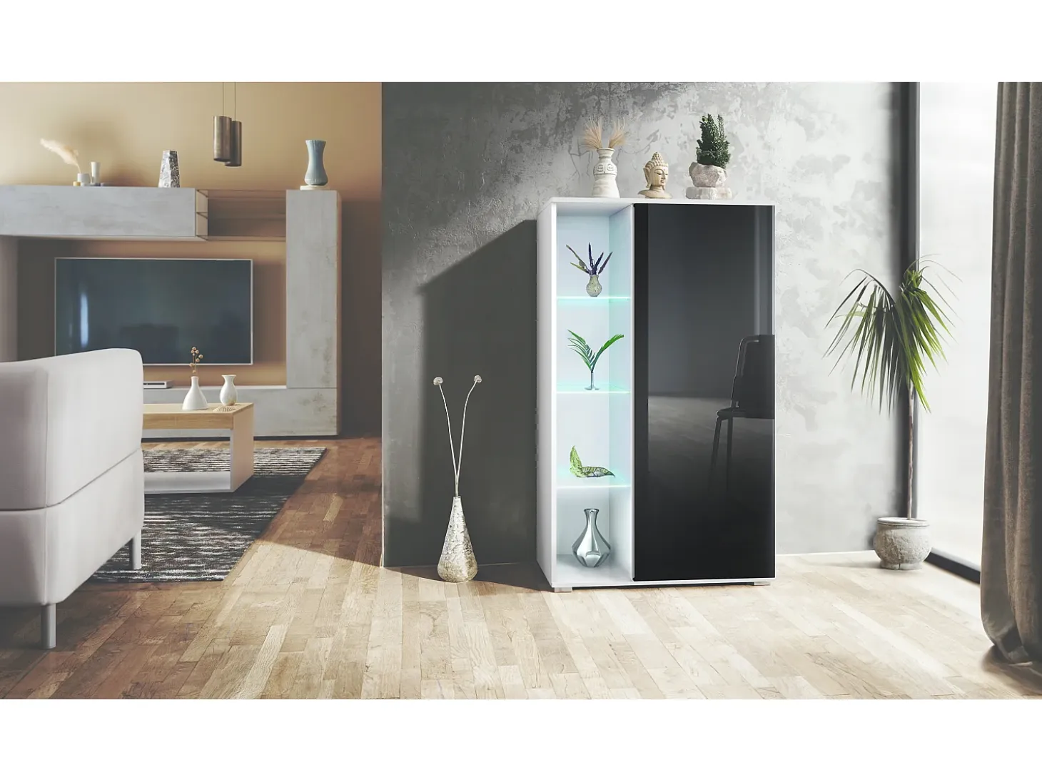 Vitrina Davos, vitrina independiente con 3 estantes de cristal y 8 compartimentos incl. LED, blanco mate/negro de alto brillo (71,5 x 134 x 35 cm)