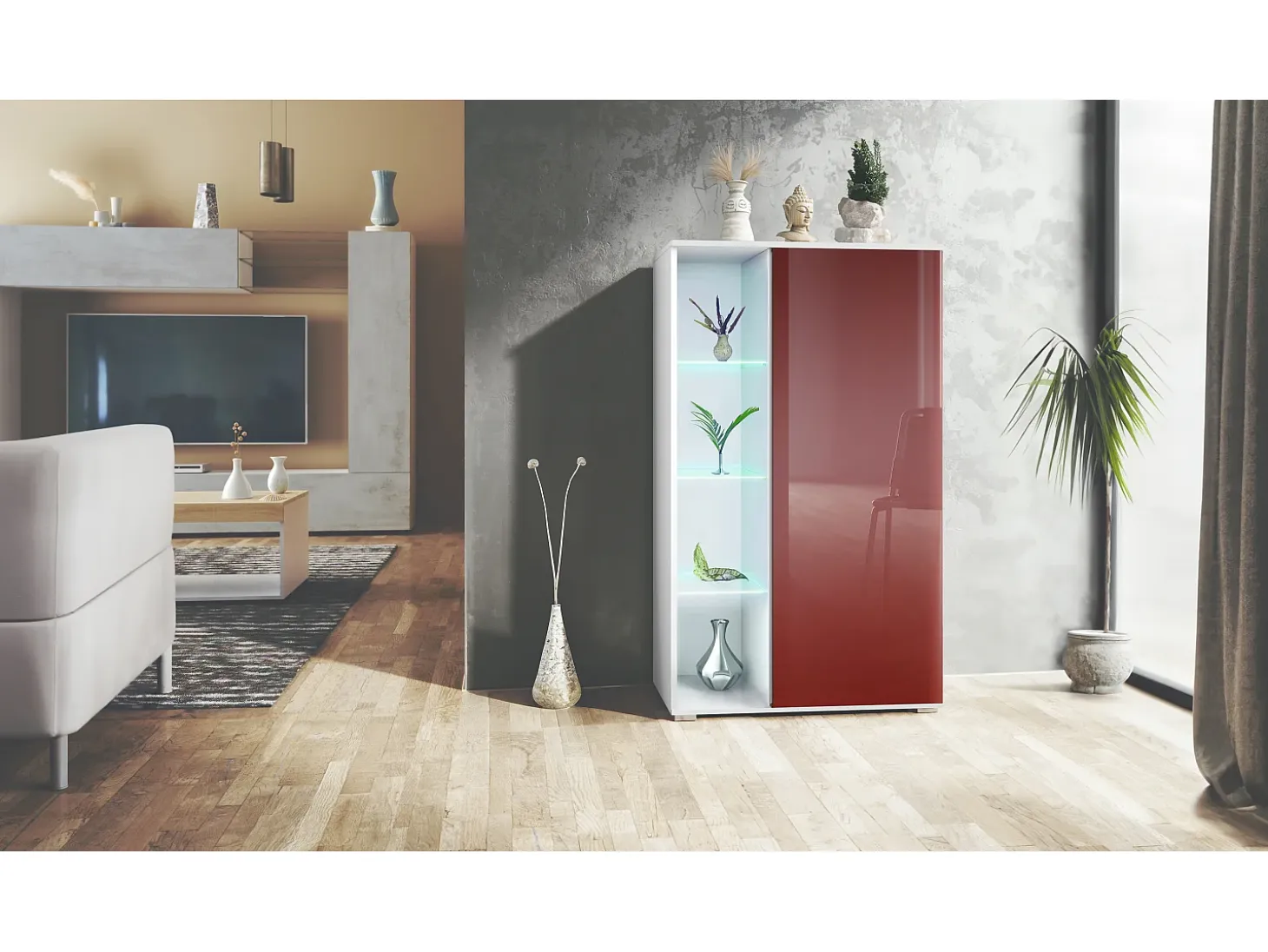 Vitrina Davos, vitrina independiente con 3 estantes de cristal y 8 compartimentos incl. LED, blanco mate/burdeos de alto brillo (71,5 x 134 x 35 cm)