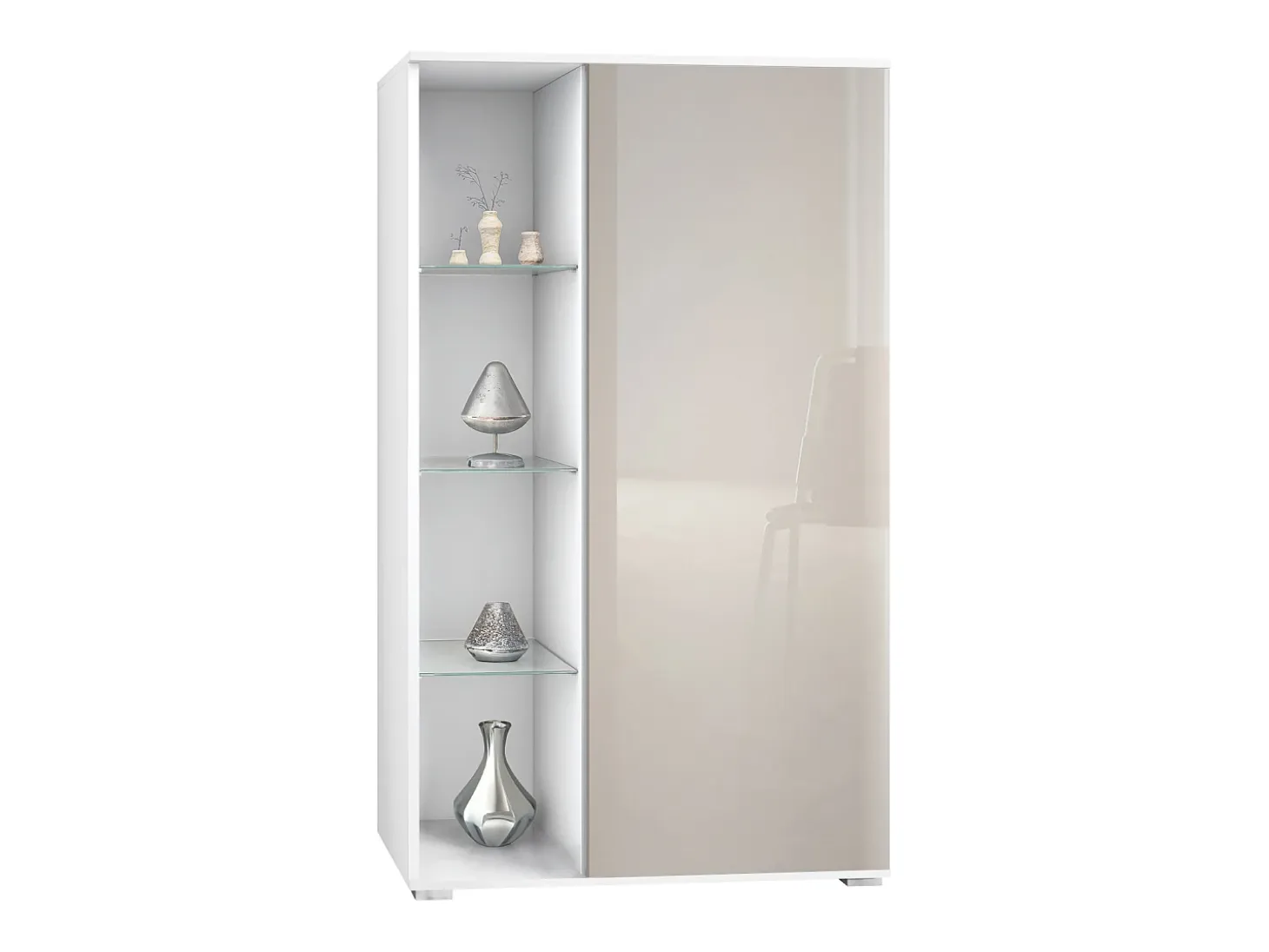 Vitrina Davos, vitrina independiente con 3 estantes de cristal y 8 compartimentos, blanco mate/gris arena de alto brillo (71,5 x 134 x 35 cm)