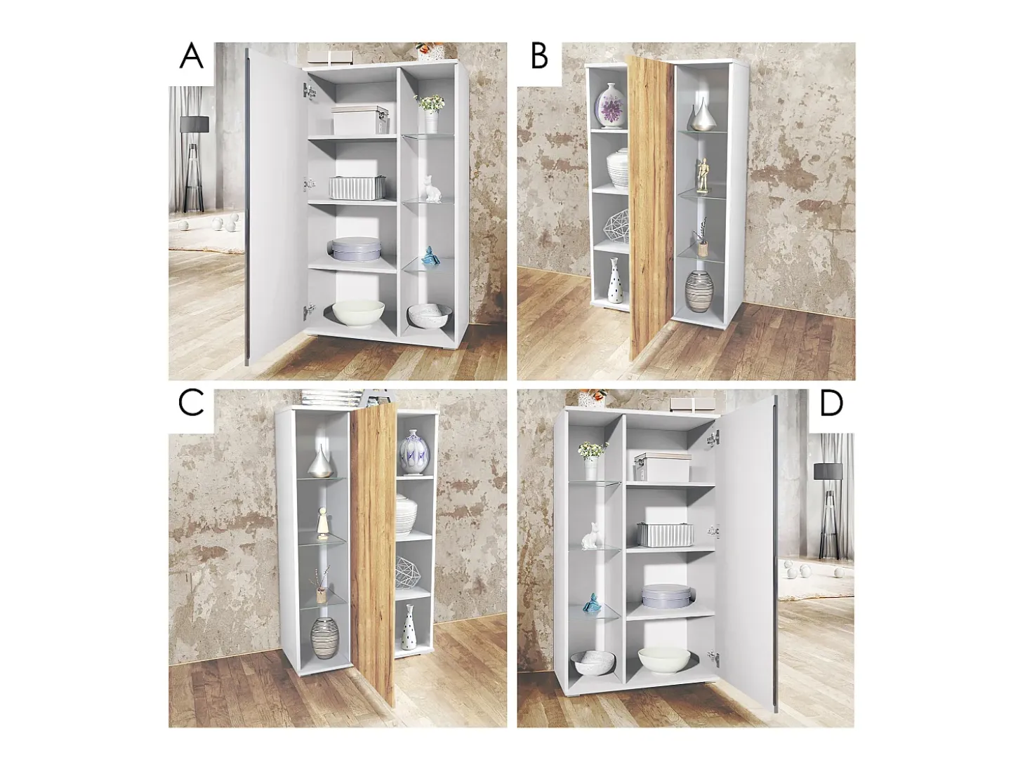 Vitrina Davos, vitrina independiente con 3 estantes de cristal y 8 compartimentos, blanco mate/gris arena de alto brillo (71,5 x 134 x 35 cm)