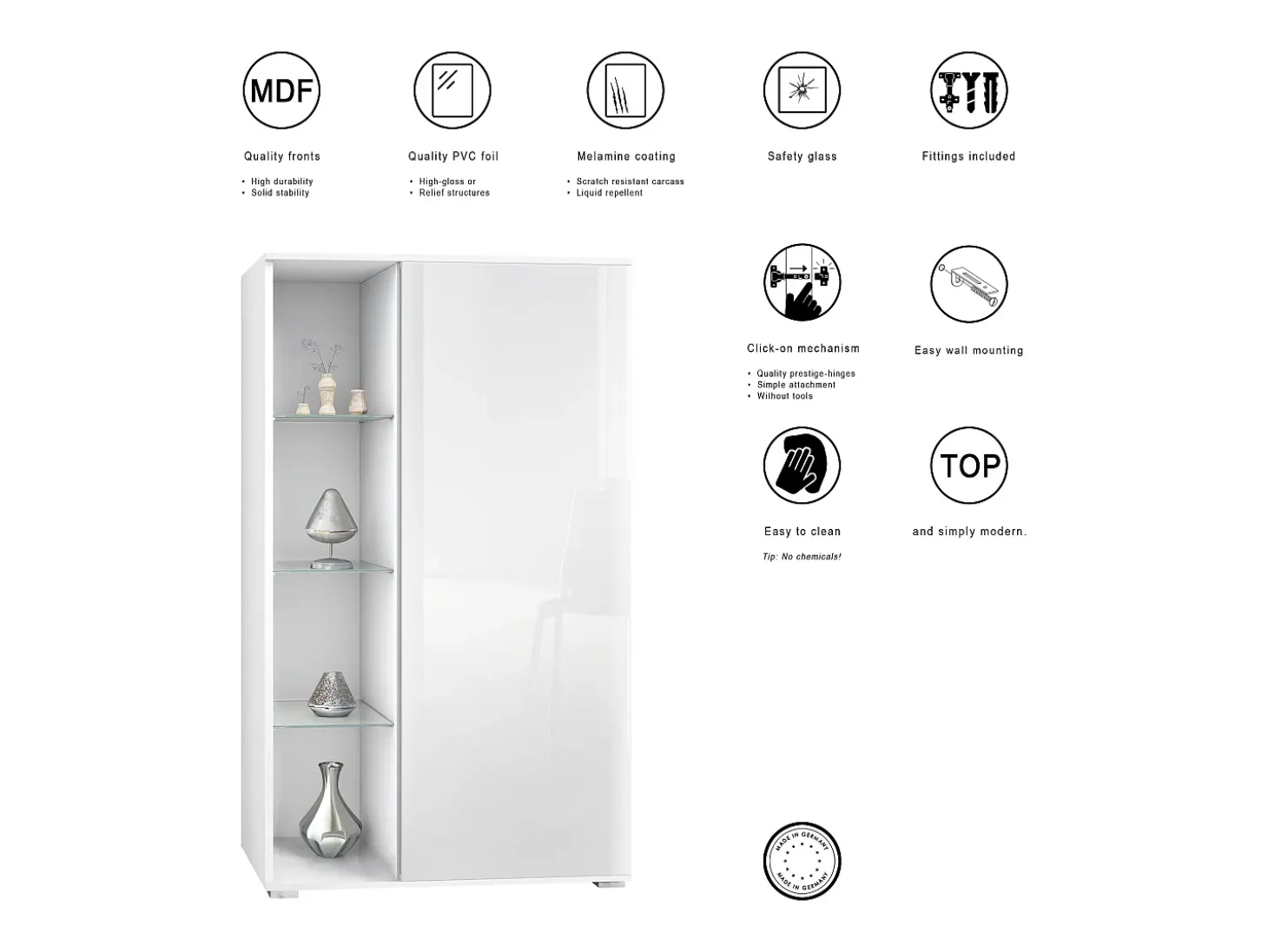 Vitrina Davos, vitrina independiente con 3 estantes de cristal y 8 compartimentos, blanco mate/gris arena de alto brillo (71,5 x 134 x 35 cm)