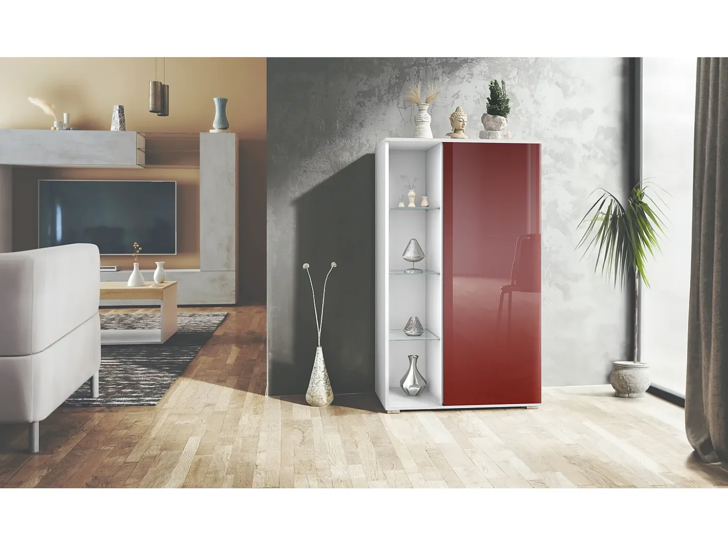 Vitrina Davos, vitrina independiente con 3 estantes de cristal y 8 compartimentos, blanco mate/burdeos de alto brillo (71,5 x 134 x 35 cm)