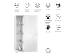 Vitrina Davos, vitrina independiente con 3 estantes de cristal y 8 compartimentos, blanco mate/burdeos de alto brillo (71,5 x 134 x 35 cm)
