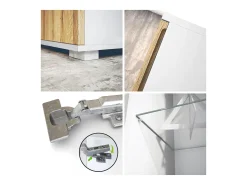 Vitrina Davos, vitrina independiente con 3 estantes de cristal y 8 compartimentos incl. LED, blanco mate/roble natural (71,5 x 134 x 35 cm)