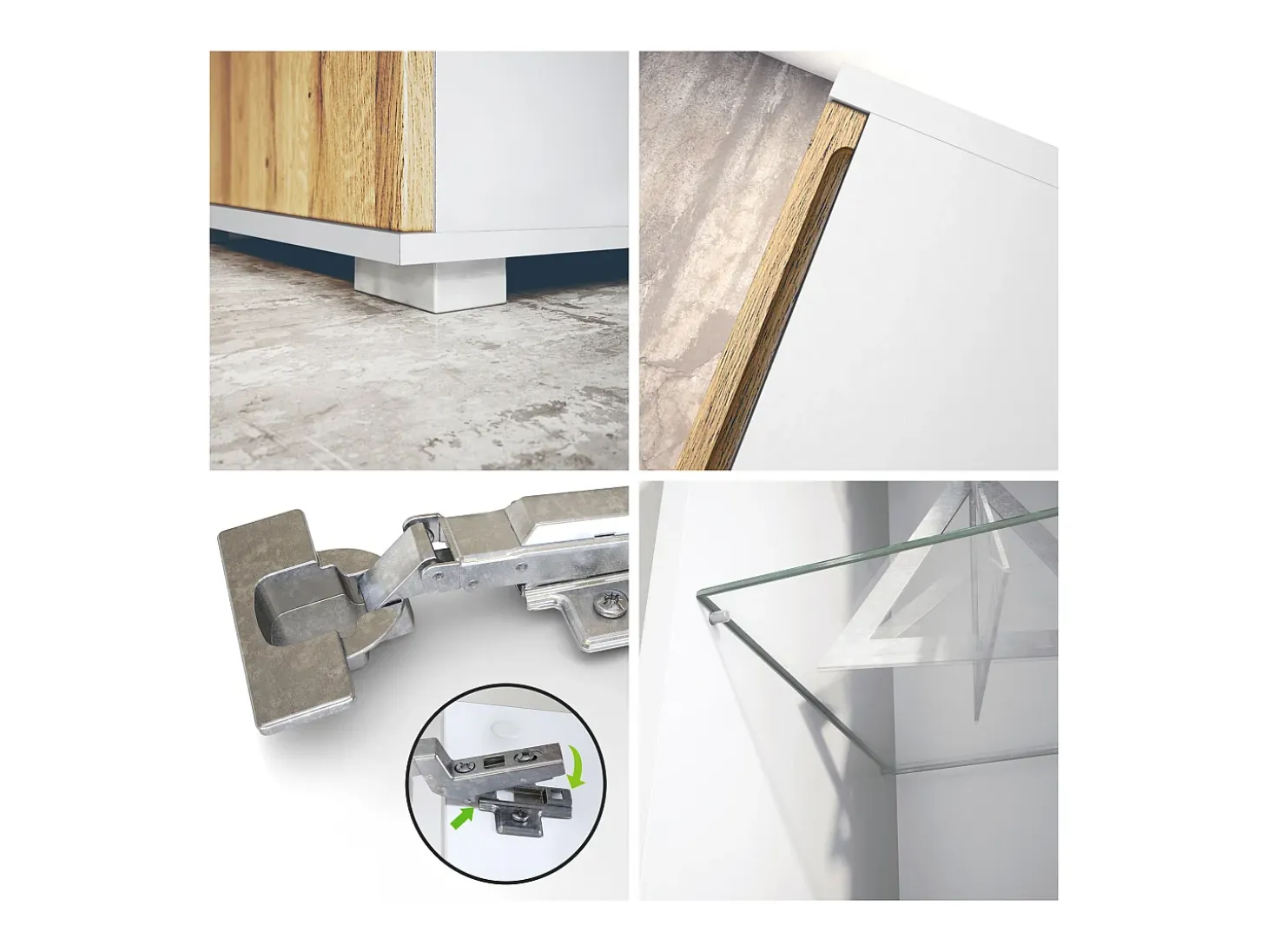Vitrina Davos, vitrina independiente con 3 estantes de cristal y 8 compartimentos incl. LED, blanco mate/roble natural (71,5 x 134 x 35 cm)