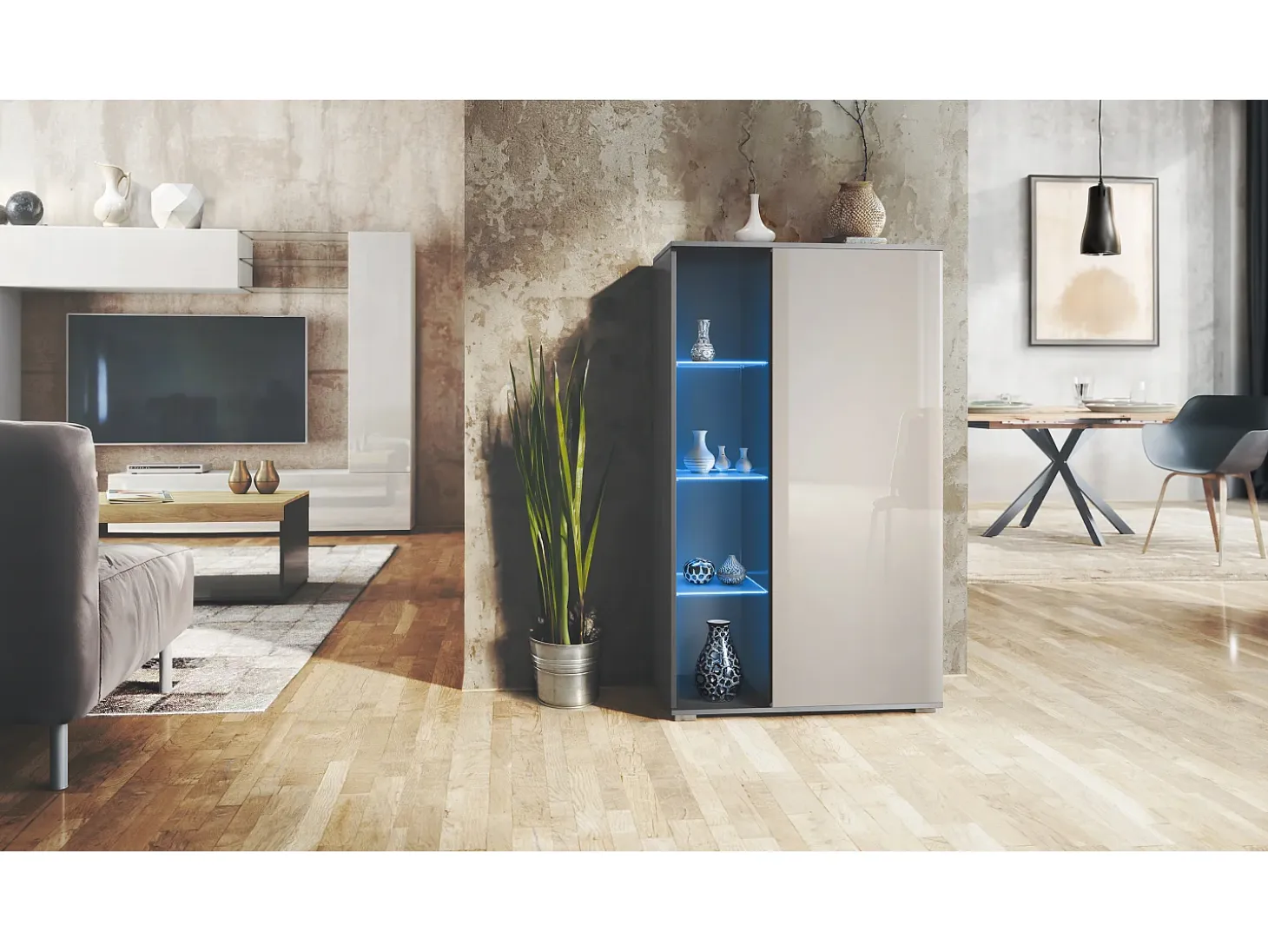 Vitrina Davos, vitrina independiente con 3 estantes de cristal y 8 compartimentos incl. LED, antracita mate/gris arena de alto brillo (71,5 x 134 x 35 cm)