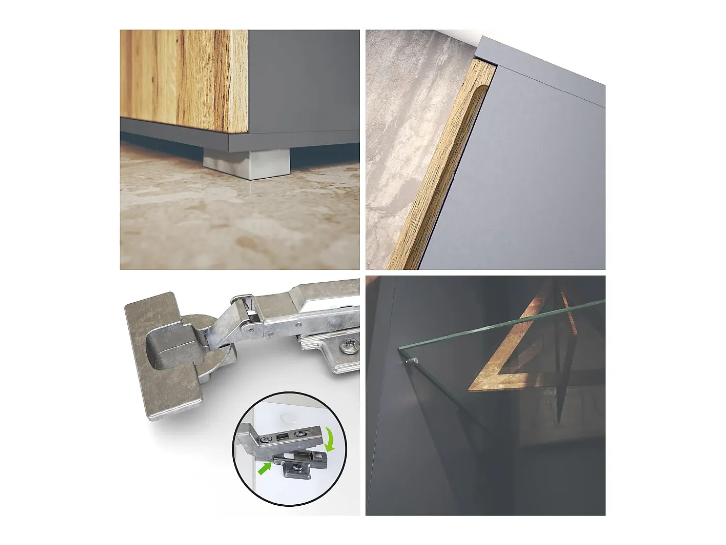 Vitrina Davos, vitrina independiente con 3 estantes de cristal y 8 compartimentos incl. LED, antracita mate/gris arena de alto brillo (71,5 x 134 x 35 cm)