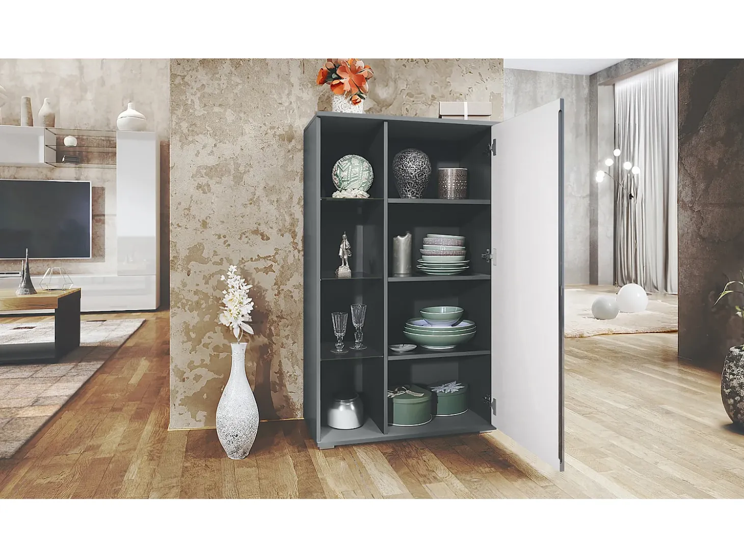 Vitrina Davos, vitrina independiente con 3 estantes de cristal y 8 compartimentos incl. LED, antracita mate/gris arena de alto brillo (71,5 x 134 x 35 cm)