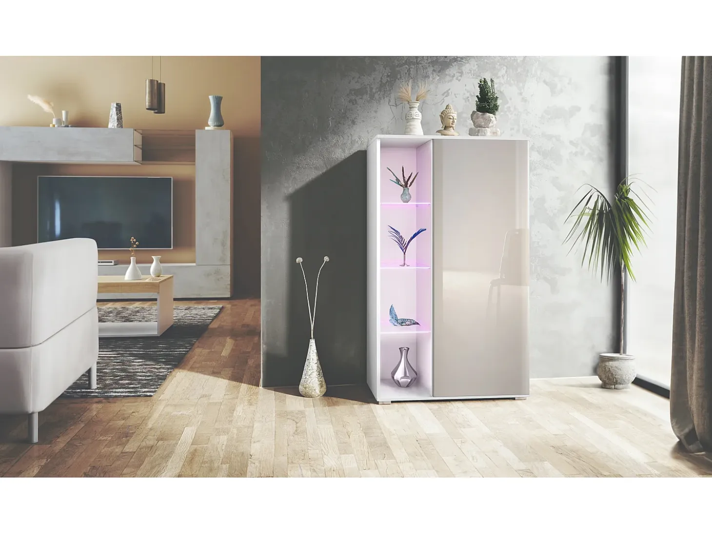 Vitrina Davos, vitrina independiente con 3 estantes de cristal y 8 compartimentos incl. LED, blanco mate/gris arena de alto brillo (71,5 x 134 x 35 cm)