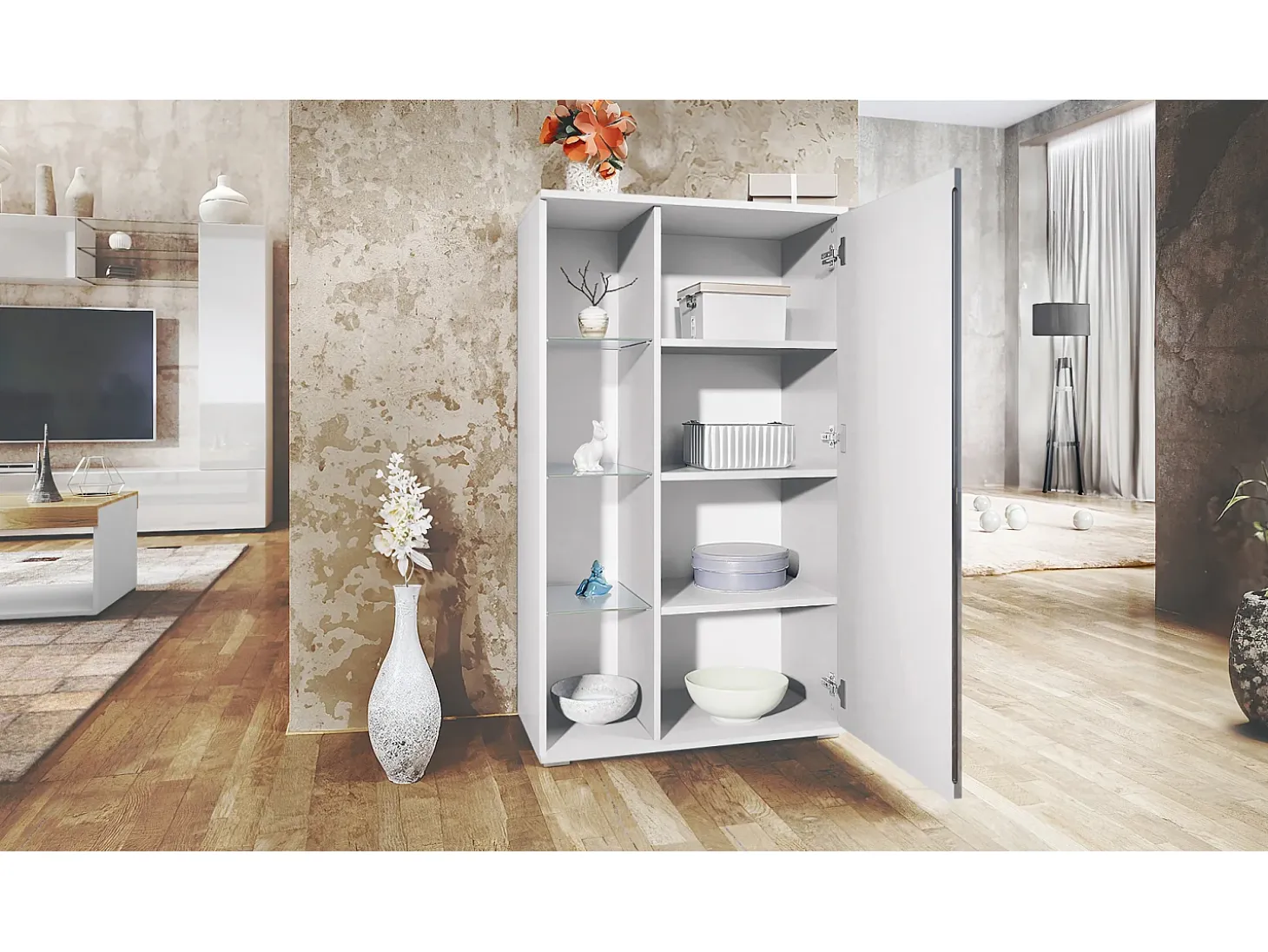Vitrina Davos, vitrina independiente con 3 estantes de cristal y 8 compartimentos incl. LED, blanco mate/gris arena de alto brillo (71,5 x 134 x 35 cm)