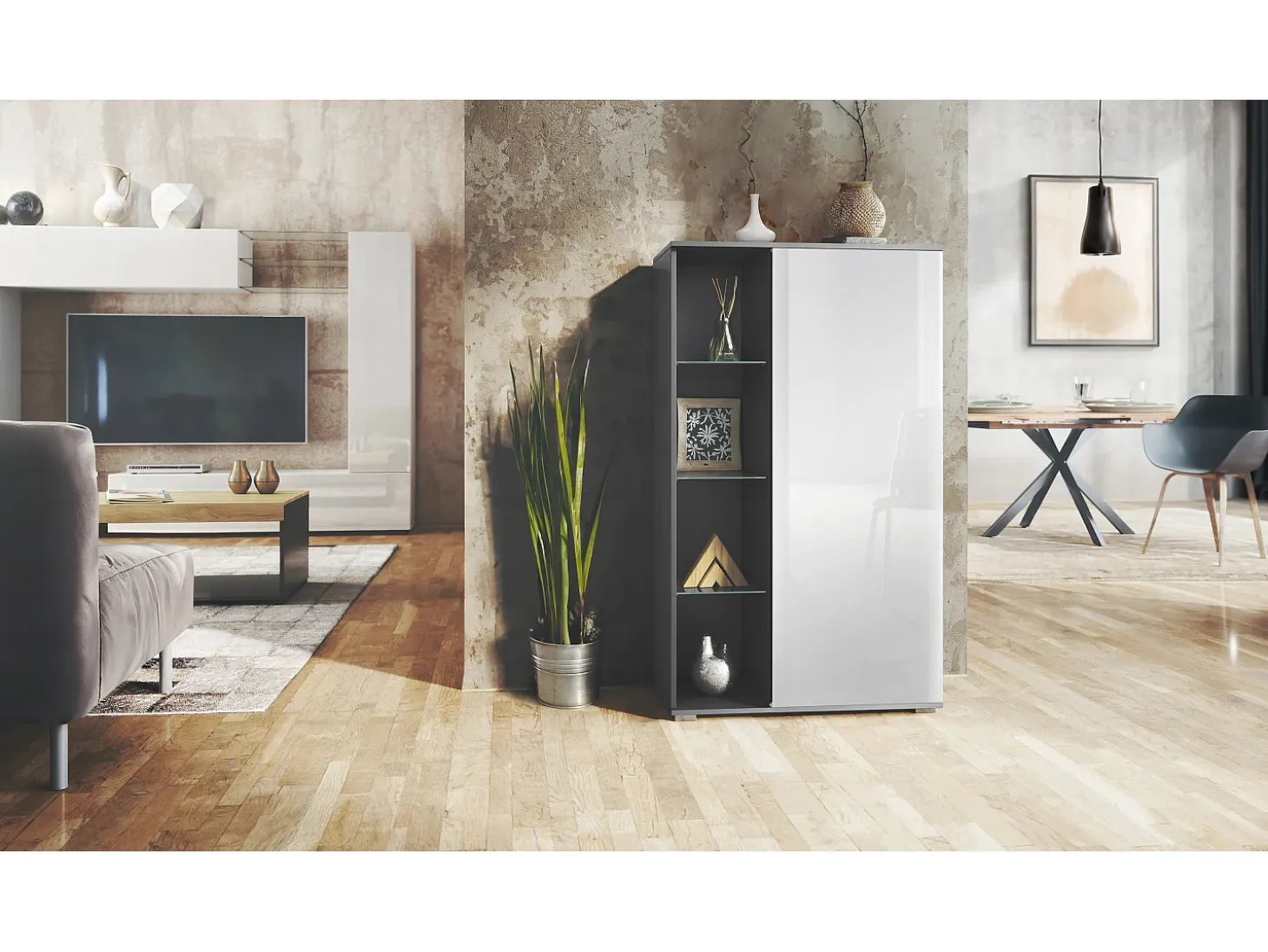 Vitrina Davos, vitrina independiente con 3 estantes de cristal y 8 compartimentos, antracita mate/blanco de alto brillo (71,5 x 134 x 35 cm)