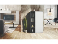 Vitrina Davos, vitrina independiente con 3 estantes de cristal y 8 compartimentos, antracita mate/blanco mate (71,5 x 134 x 35 cm)