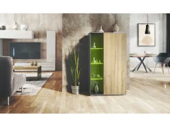 Vitrina Davos, vitrina independiente con 3 estantes de cristal y 8 compartimentos incl. LED, antracita mate/roble natural (71,5 x 134 x 35 cm)