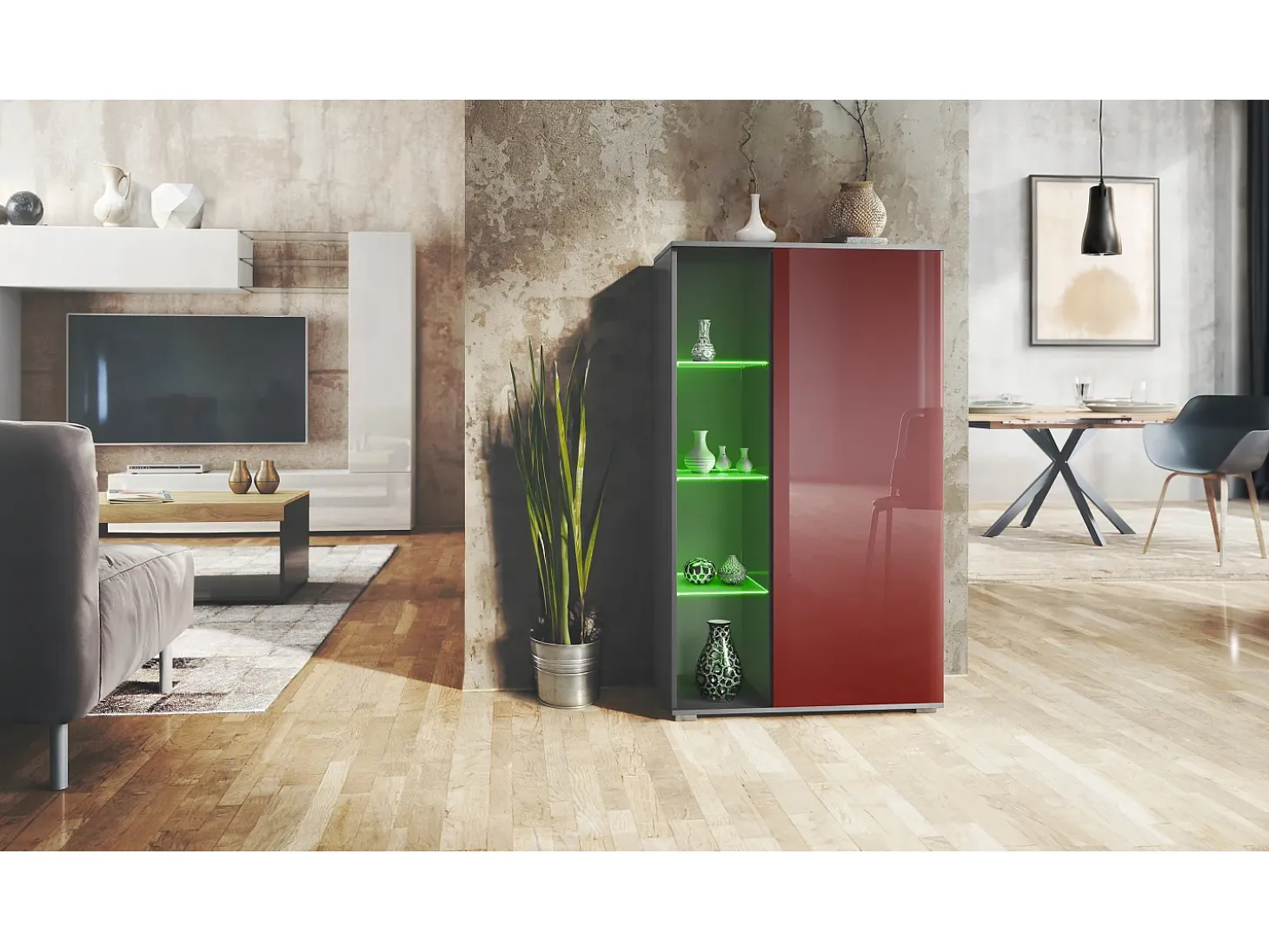 Vitrina Davos, vitrina independiente con 3 estantes de cristal y 8 compartimentos incl. LED, antracita mate/burdeos de alto brillo (71,5 x 134 x 35 cm)