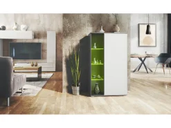 Vitrina Davos, vitrina independiente con 3 estantes de cristal y 8 compartimentos incl. LED, antracita mate/blanco mate (71,5 x 134 x 35 cm)