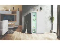Vitrina Davos, vitrina independiente con 3 estantes de cristal y 8 compartimentos incl. LED, blanco mate/blanco mate (71,5 x 134 x 35 cm)