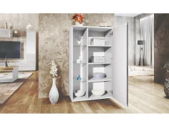 Vitrina Davos, vitrina independiente con 3 estantes de cristal y 8 compartimentos incl. LED, blanco mate/blanco de alto brillo (71,5 x 134 x 35 cm)