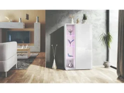 Vitrina Davos, vitrina independiente con 3 estantes de cristal y 8 compartimentos incl. LED, blanco mate/blanco de alto brillo (71,5 x 134 x 35 cm)