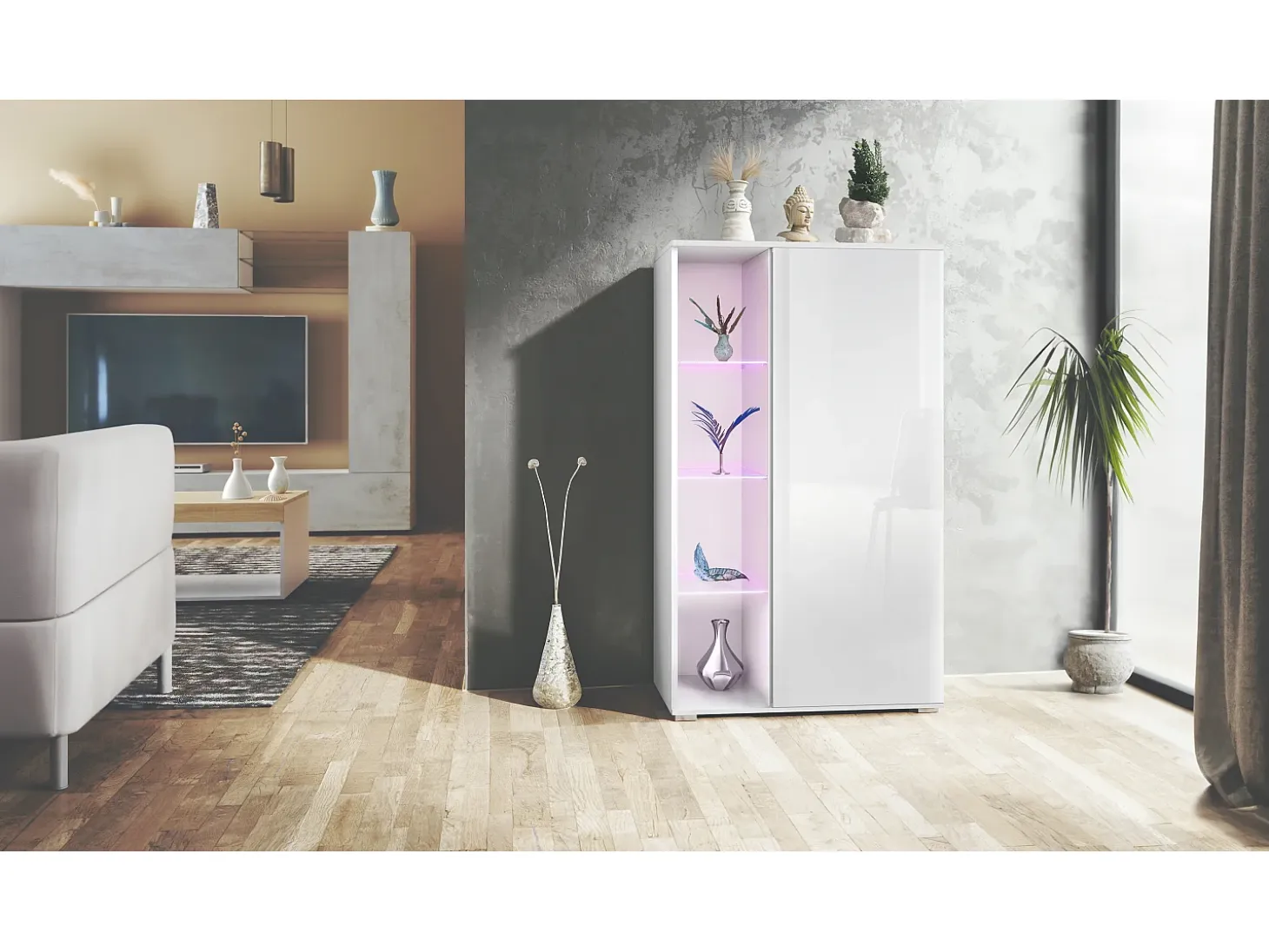 Vitrina Davos, vitrina independiente con 3 estantes de cristal y 8 compartimentos incl. LED, blanco mate/blanco de alto brillo (71,5 x 134 x 35 cm)