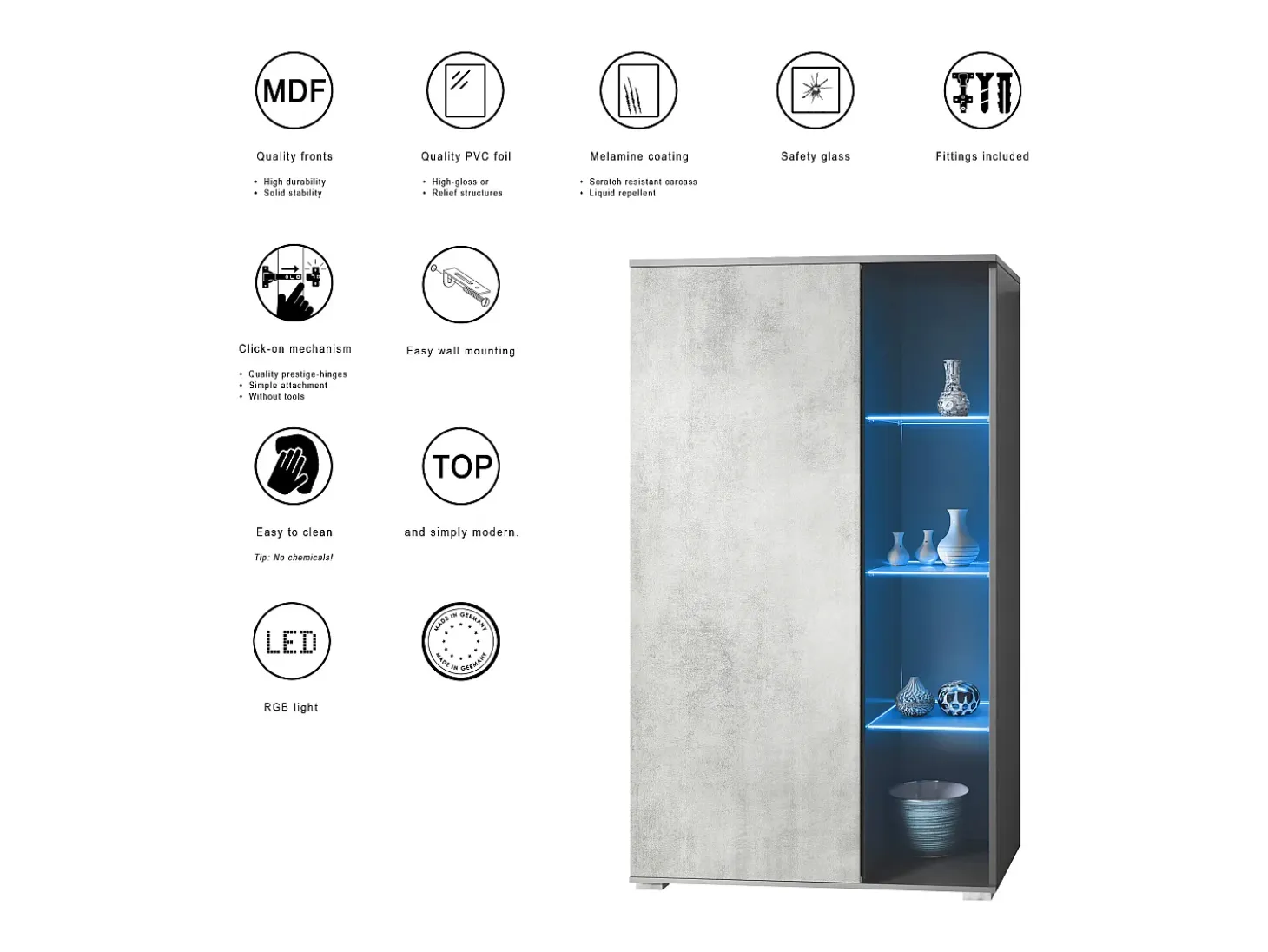 Vitrina Davos, vitrina independiente con 3 estantes de cristal y 8 compartimentos incl. LED, antracita mate/hormigón oxidado (71,5 x 134 x 35 cm)