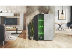 Vitrina Davos, vitrina independiente con 3 estantes de cristal y 8 compartimentos incl. LED, antracita mate/hormigón oxidado (71,5 x 134 x 35 cm)