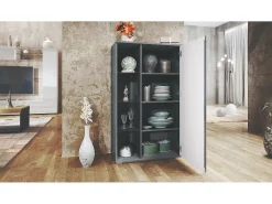 Vitrina Davos, vitrina independiente con 3 estantes de cristal y 8 compartimentos incl. LED, antracita mate/blanco de alto brillo (71,5 x 134 x 35 cm)