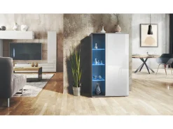 Vitrina Davos, vitrina independiente con 3 estantes de cristal y 8 compartimentos incl. LED, antracita mate/blanco de alto brillo (71,5 x 134 x 35 cm)