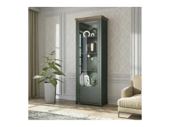 Vitrina de 1 puerta con LED integrados colección ASSIA. Color verde y roble. Apertura izquierda.