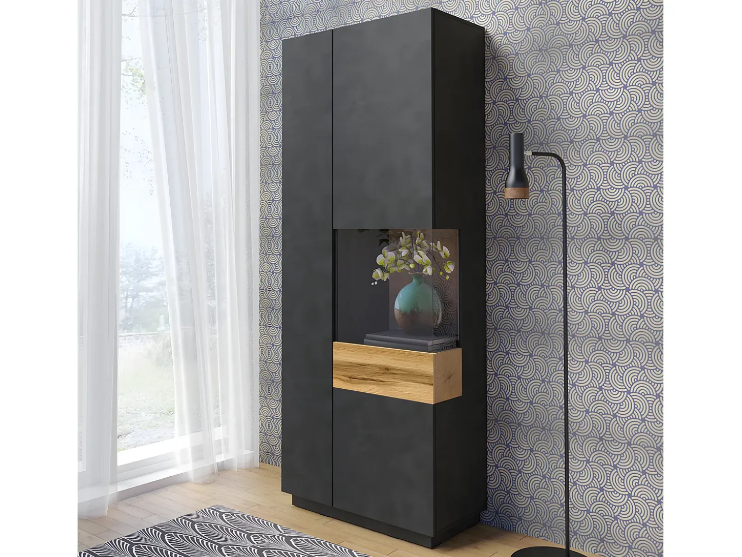 Vitrina de 2 puertas apertura por la derecha Andrea Gris antracita y Madera