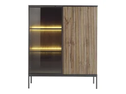 Vitrina de 2 puertas con LED en MDF y vidrio ahumado - Natural y Negro - OVILA
